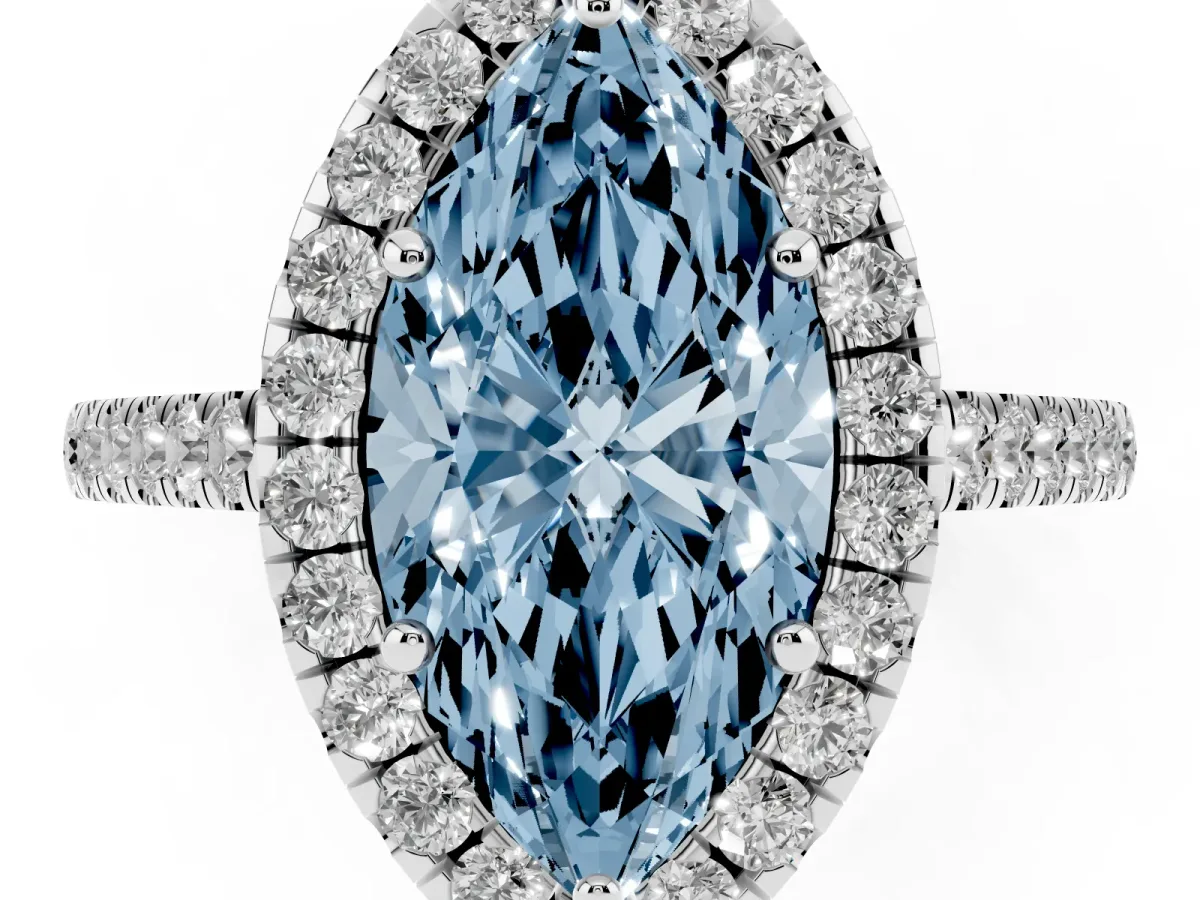 Fancy Blue Marquise Cut Halo Pave Diamond Engagement Ring with Four-Prong Setting Platinum