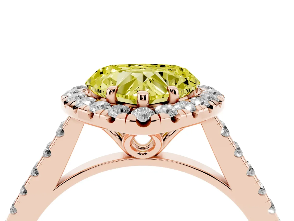 Fancy Yellow Heart Cut Halo Pavé Diamond Engagement Ring with Four-Prong Setting Rose gold