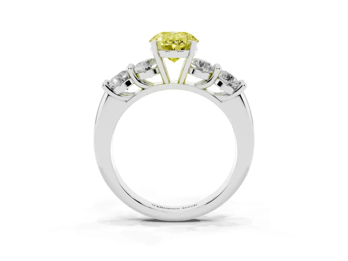 Fancy Yellow Oval Cut Cut Five-Stone Prong Set Diamond Ring with Classic Band Silver