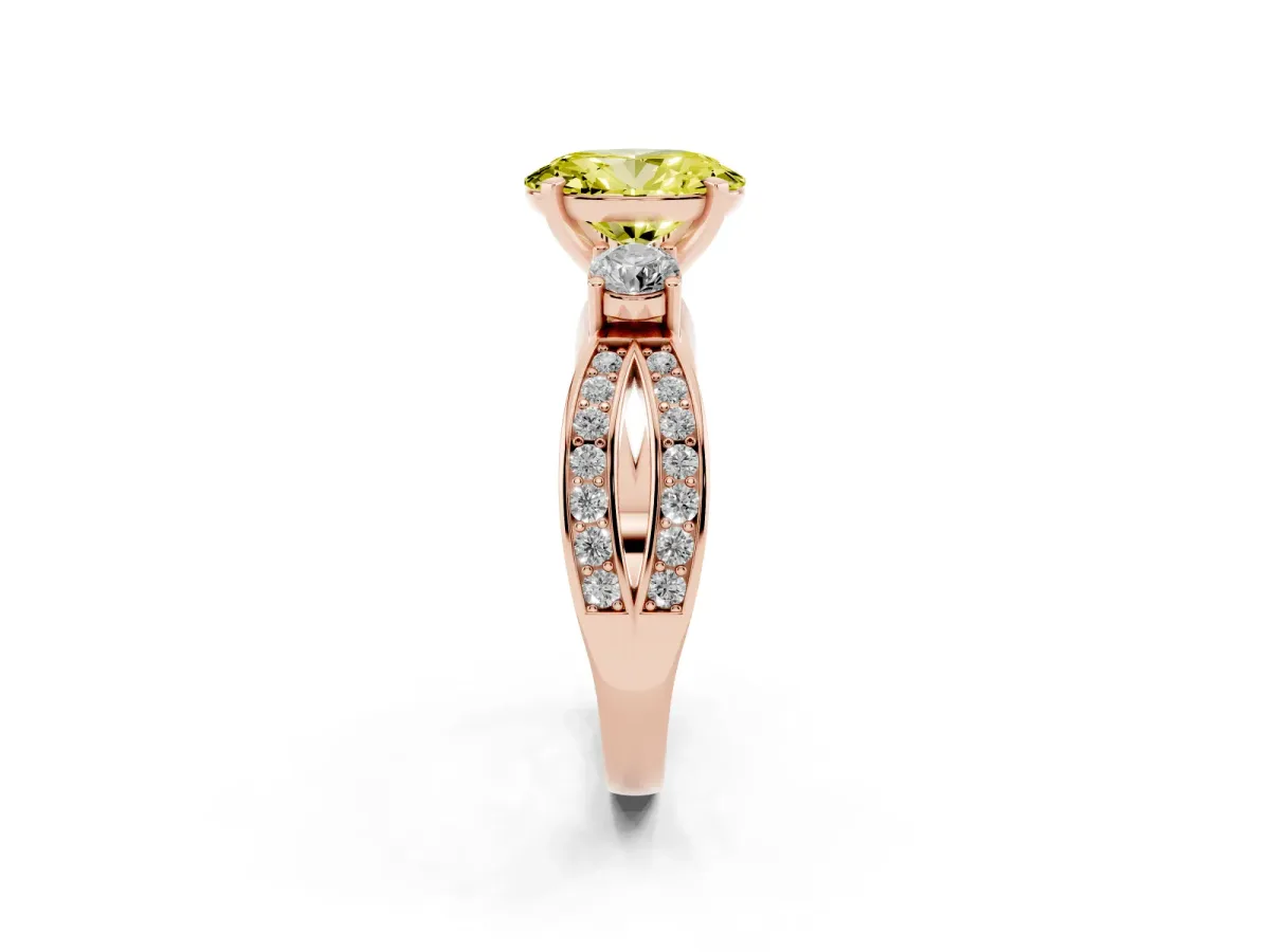 Fancy Yellow Three-Stone Oval Cut Cut Diamond Twist Band with Prong Setting Rose gold