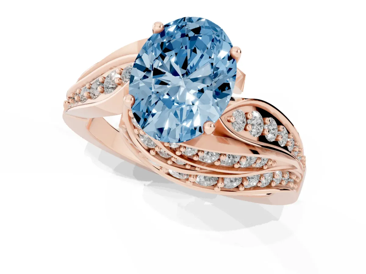 Fancy Blue Oval Cut Diamond Solitaire Ring with Prong Setting and Twisted Pavé Band Rose gold