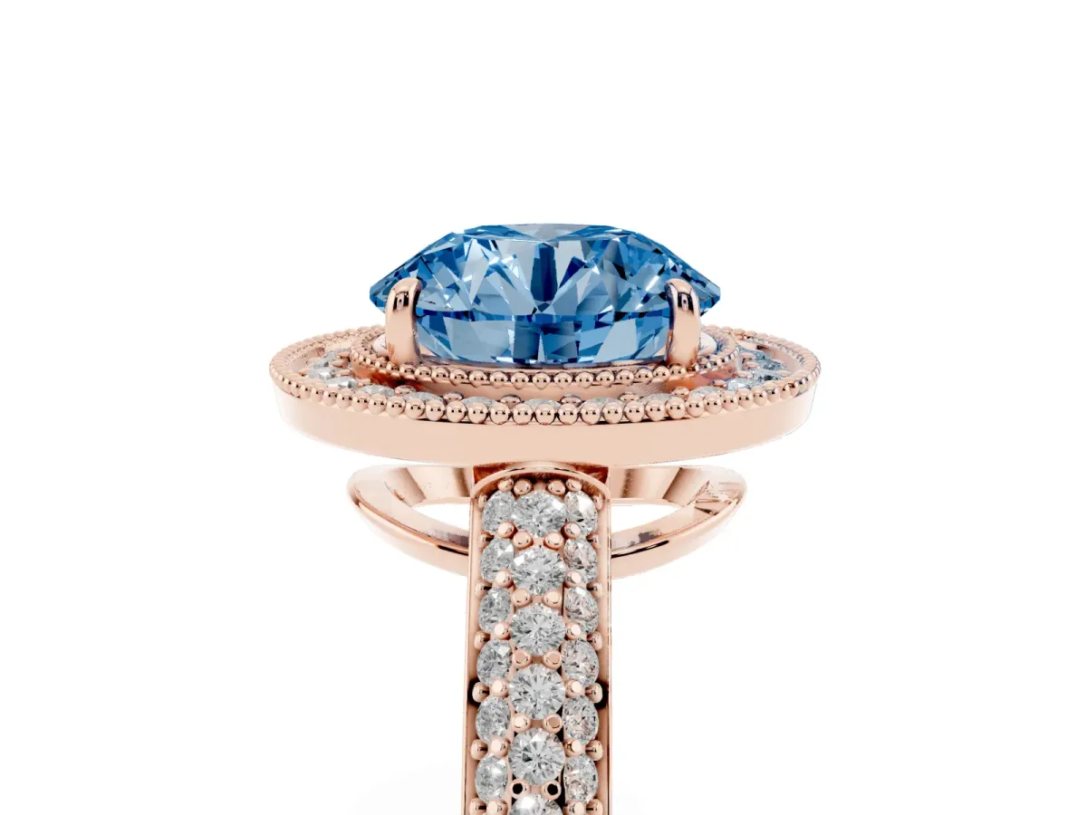 Fancy Blue Round Cut Cut Halo Diamond Pave Band with Four-Prong Setting Rose gold