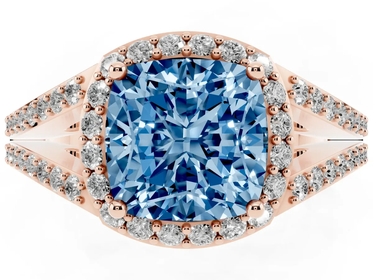 Fancy Blue Cushion Cut Halo Split Shank Pave Diamond Ring with Four-Prong Setting Rose gold