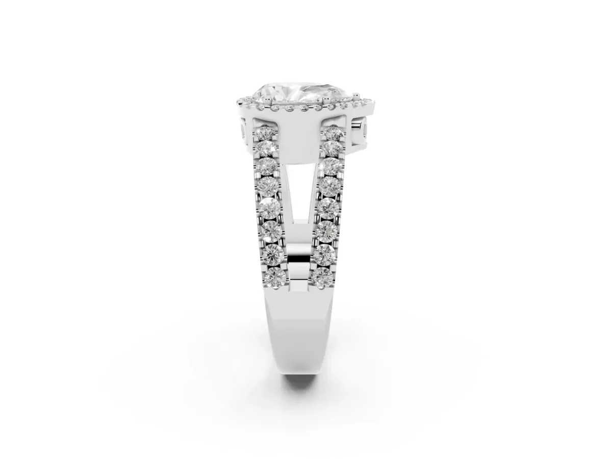 Pear Cut Cut Halo Split Shank Diamond Ring with Four-Prong Setting Platinum