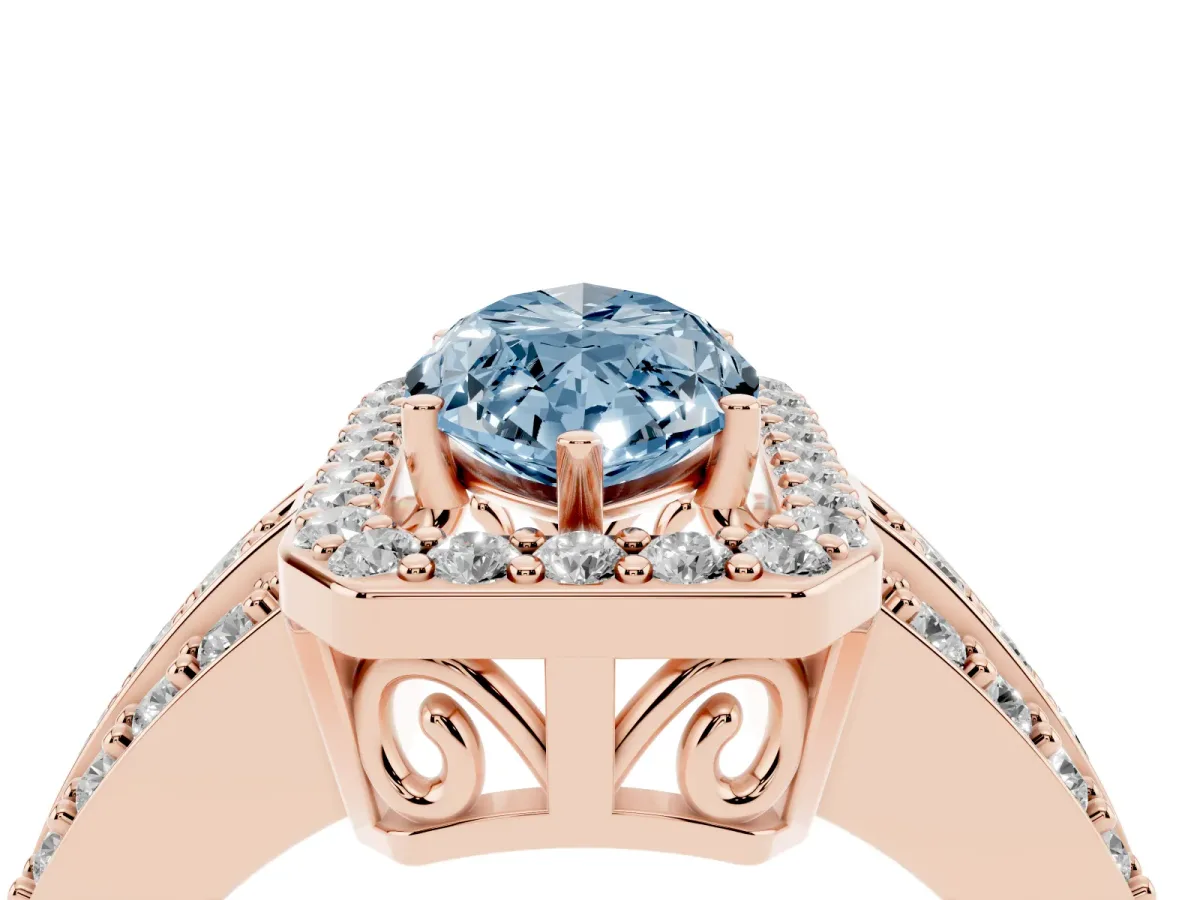 Fancy Blue Marquise Cut Halo Diamond Ring with Round Split Shank and Prong Setting Rose gold