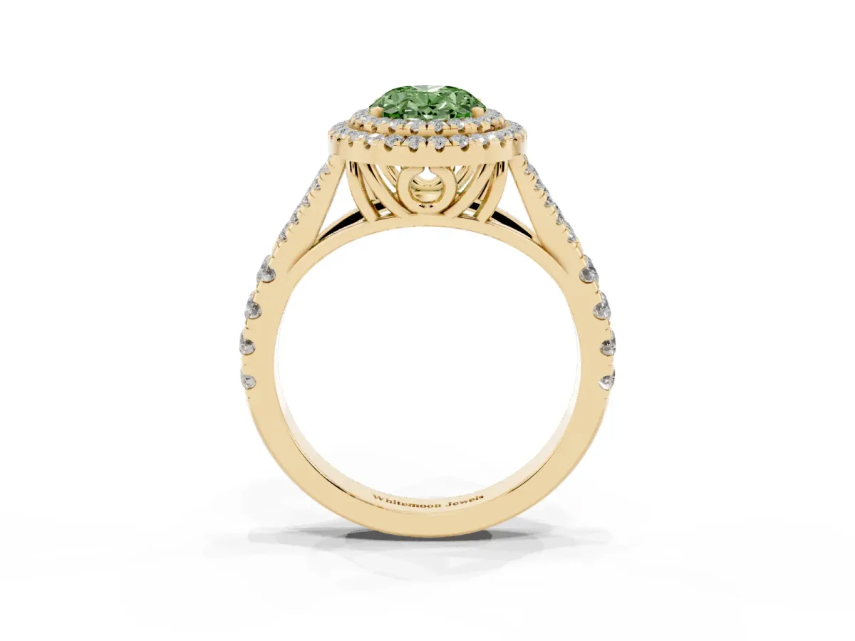 Fancy Green Oval Cut Cut Double Halo Split Shank Diamond Ring with Prong Setting Yellow gold