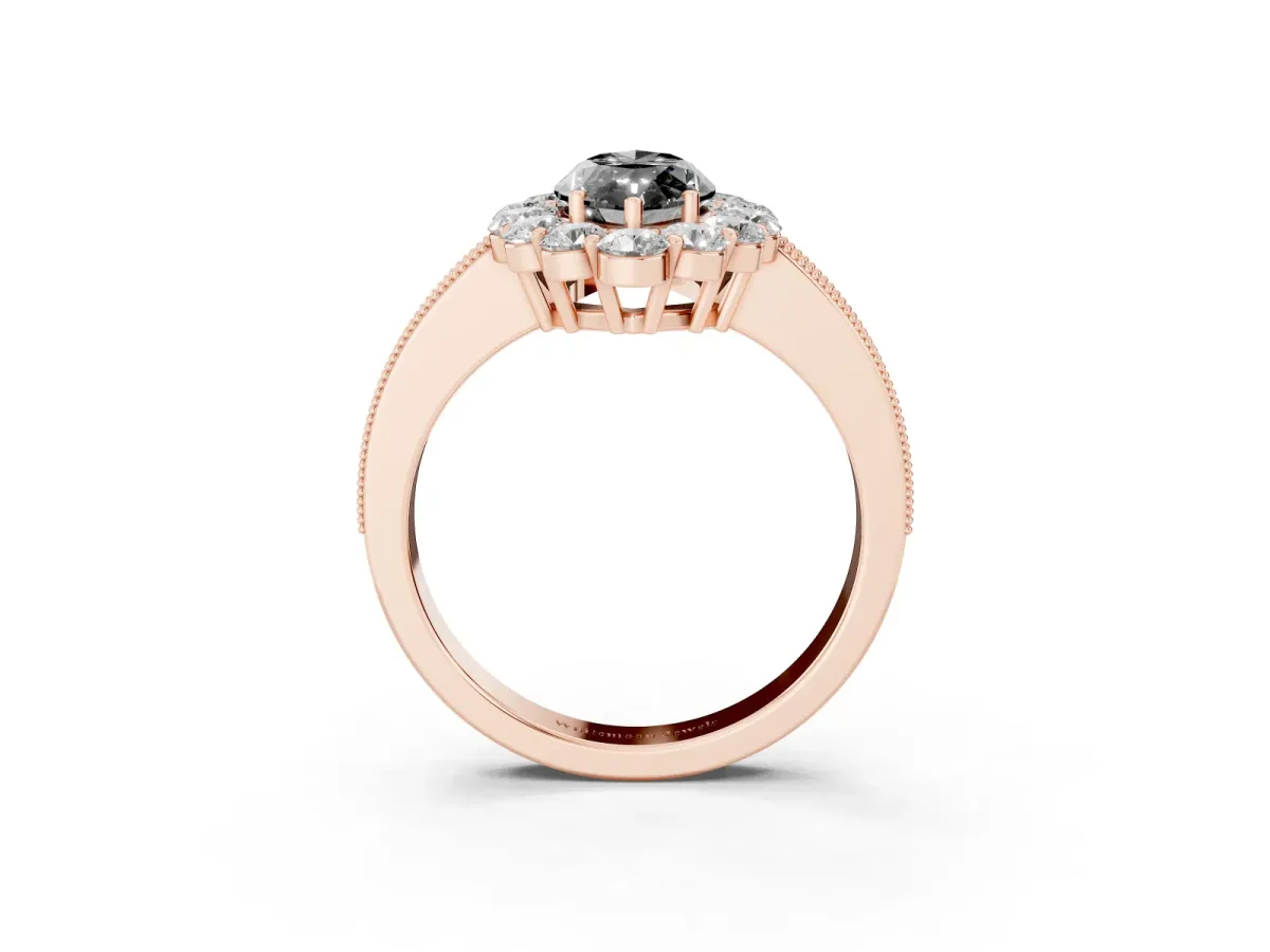 Fancy Black Marquise Cut Cut Halo Diamond Pavé Engagement Ring with Milgrain Detailing Rose gold