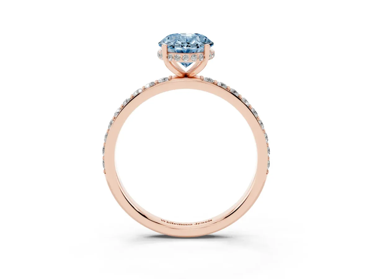 Fancy Blue Oval Cut Diamond Solitaire Ring with Pavé Band and Hidden Halo Rose gold