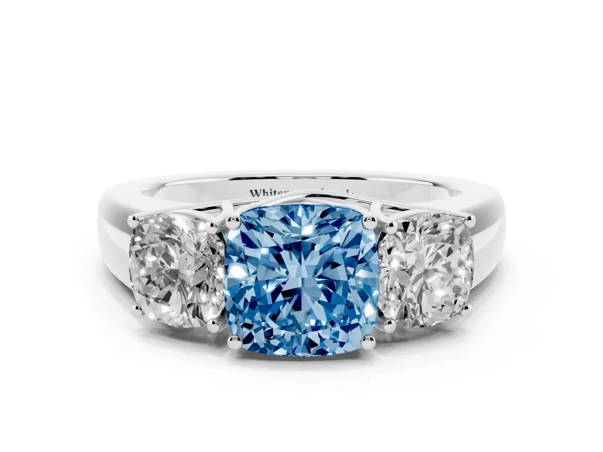 Fancy Blue Three-Stone Cushion Cut Cut Diamond Ring with Prong Setting and Classic Band Silver