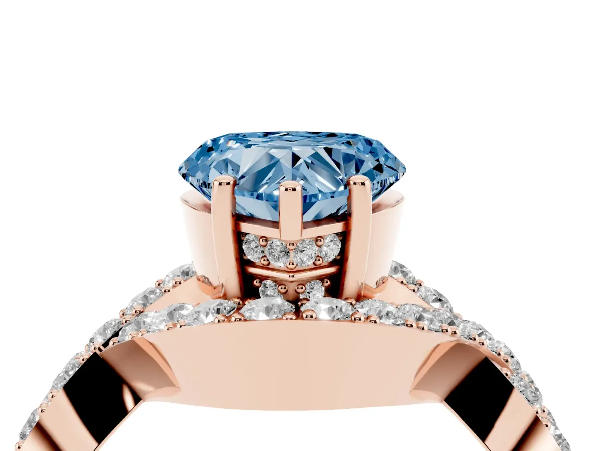 Fancy Blue Heart Cut Solitaire Twist Band Pavé Diamond Engagement Ring Rose gold