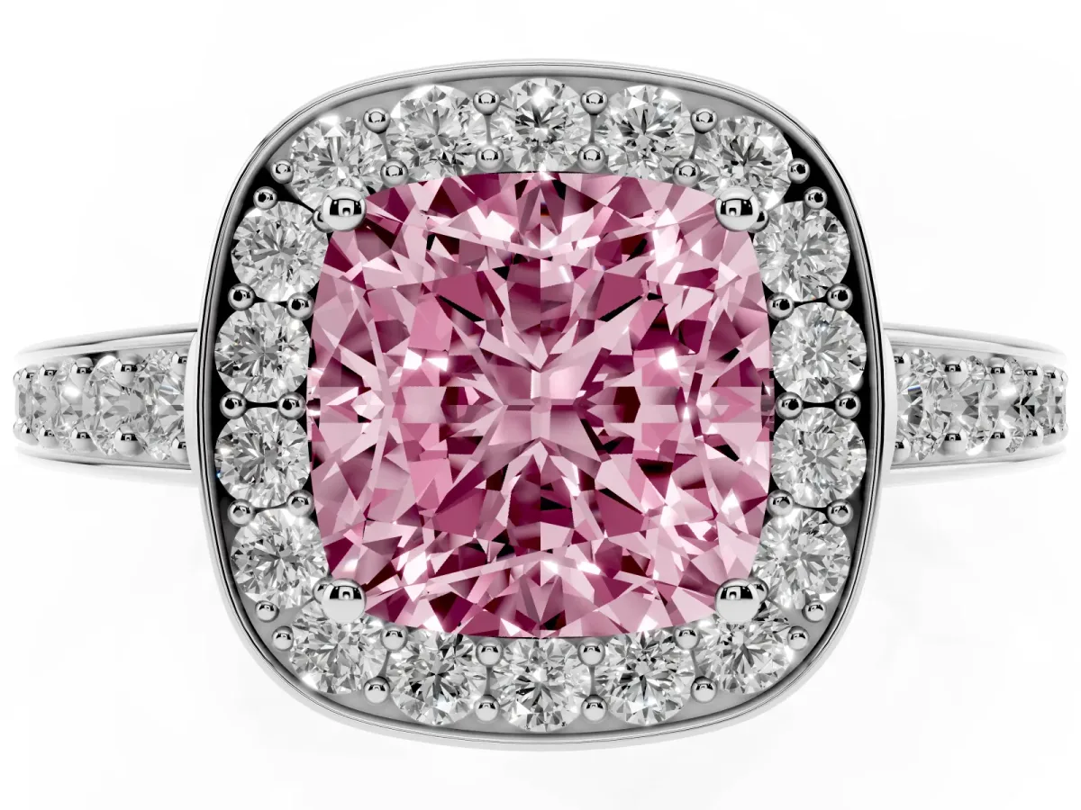 Fancy Pink Cushion Cut Halo Pavé Diamond Engagement Ring with Bezel Setting Silver