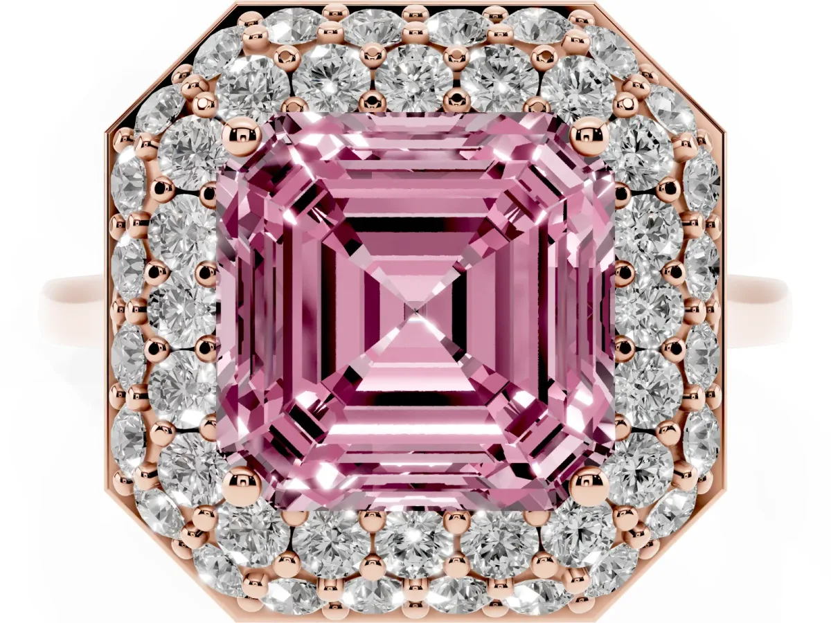 Fancy Pink Asscher Cut Halo Diamond Engagement Ring with Solitaire Band and Four-Prong Setting Rose gold