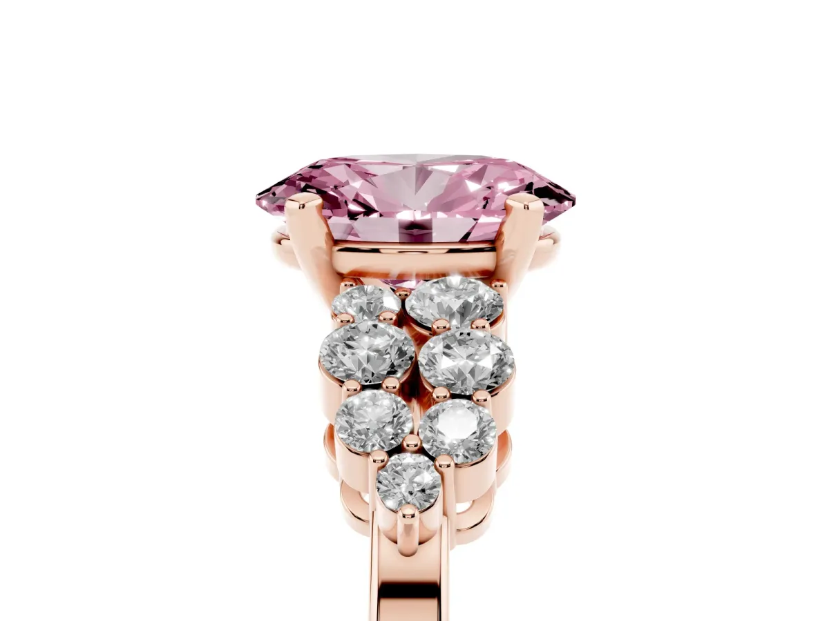 Fancy Pink Oval Cut Cluster Diamond Engagement Ring with Pavé Band and Four-Prong Setting Rose gold