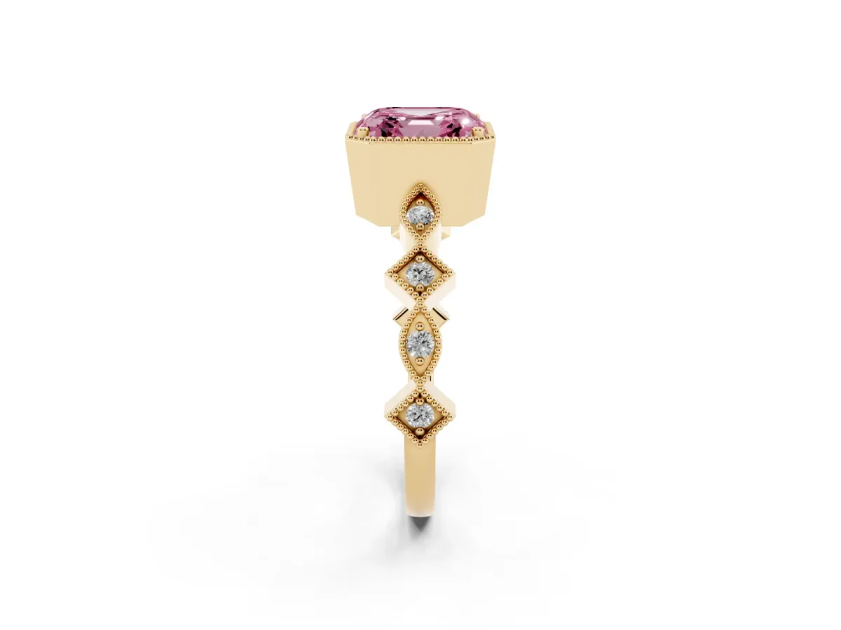 Fancy Pink Asscher Cut Milgrain Marquise Diamond Twist Band Ring Yellow gold