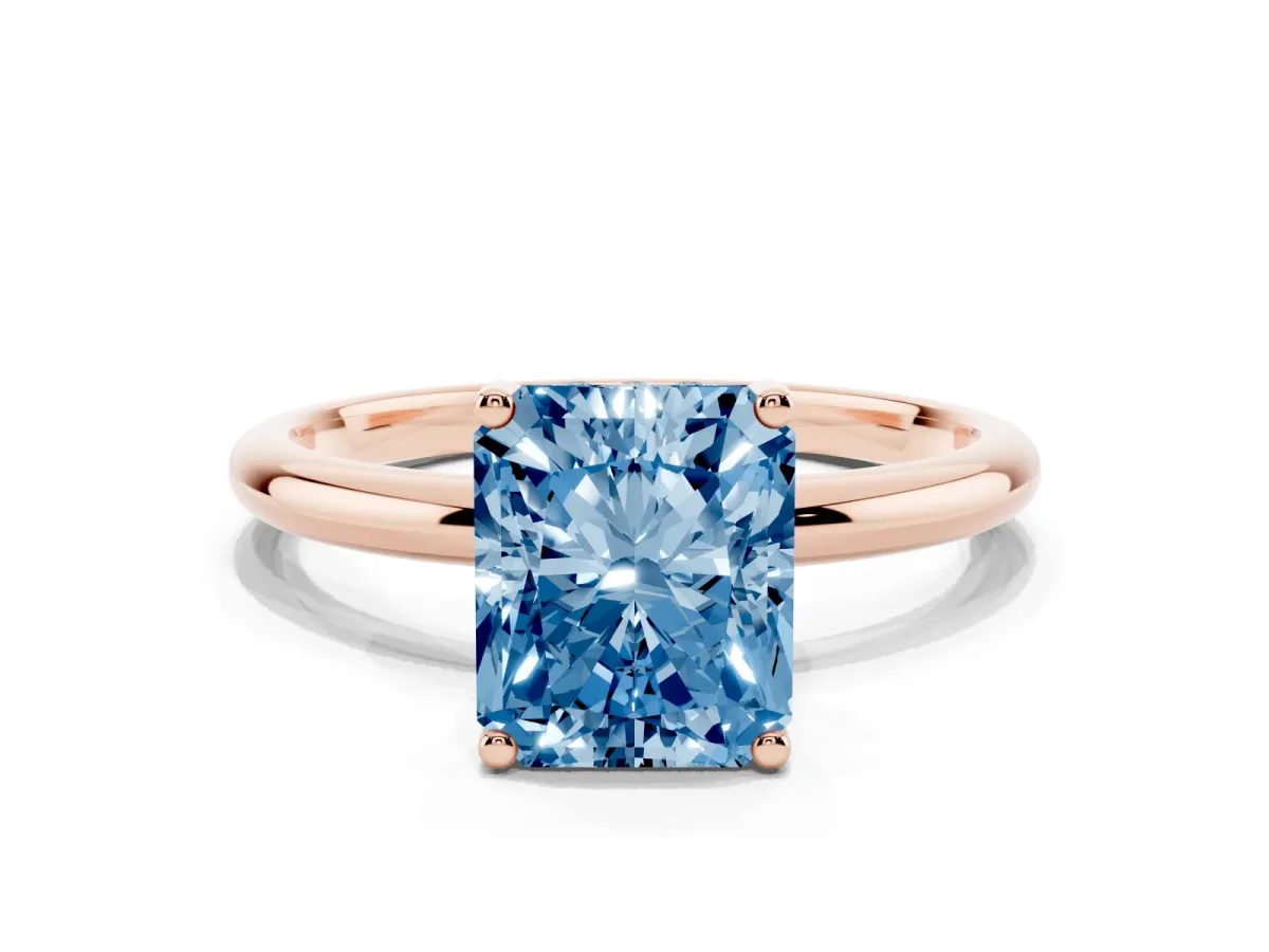 Fancy Blue Radiant Cut Cut Solitaire Engagement Ring with Four-Prong Setting and Classic Band Rose gold