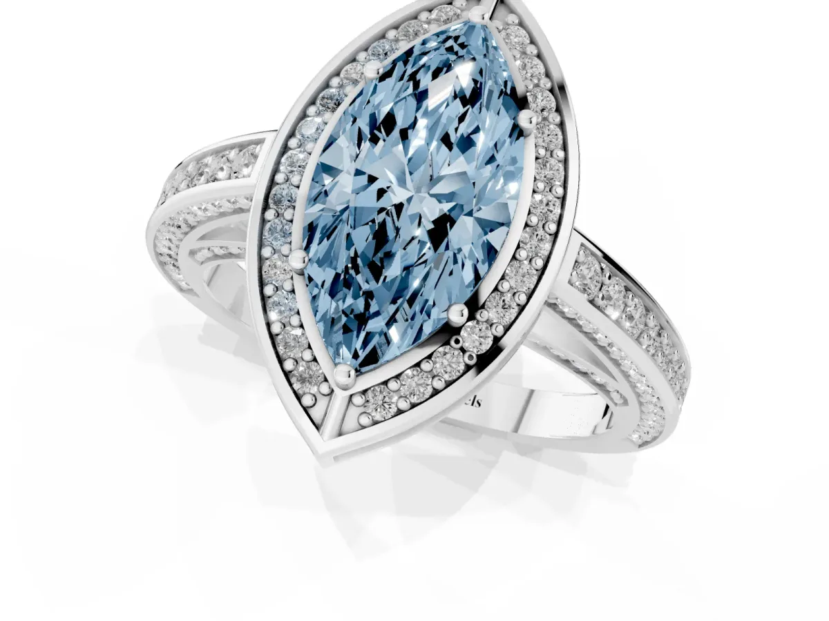 Fancy Blue Marquise Cut Cut Halo Pave Split Shank Prong Setting Ring Silver