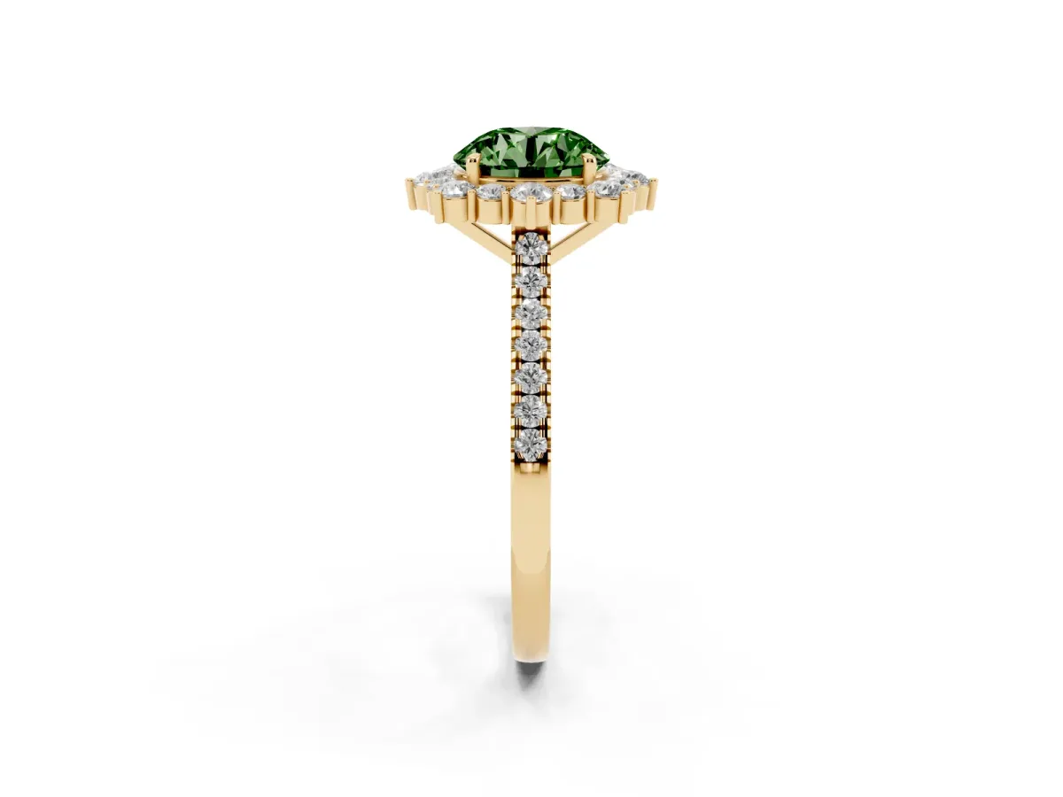 Fancy Green Round Cut Halo Diamond Ring with Pavé Band and Prong Setting Yellow gold