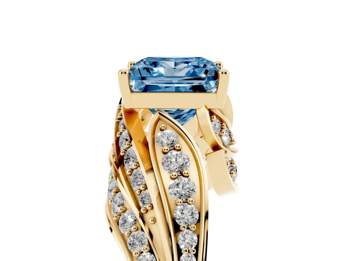 Fancy Blue Princess Cut Diamond Solitaire Ring with Prong Setting and Twisted Pavé Band Yellow gold