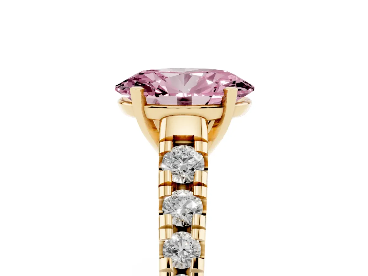 Fancy Pink Oval Cut Diamond Cathedral Solitaire Ring with Round Pavé Band Yellow gold
