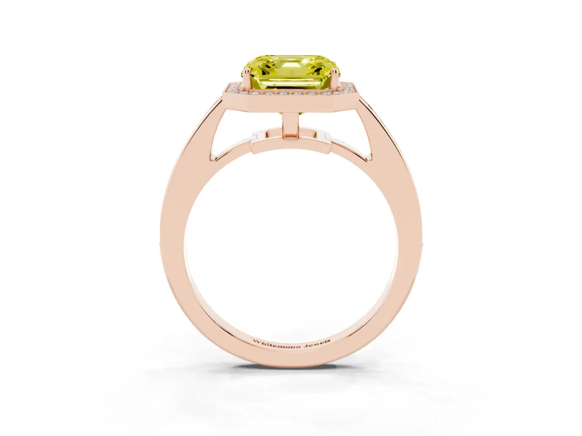 Fancy Yellow Asscher Cut Halo Pavé Diamond Engagement Ring with Bezel Setting Rose gold