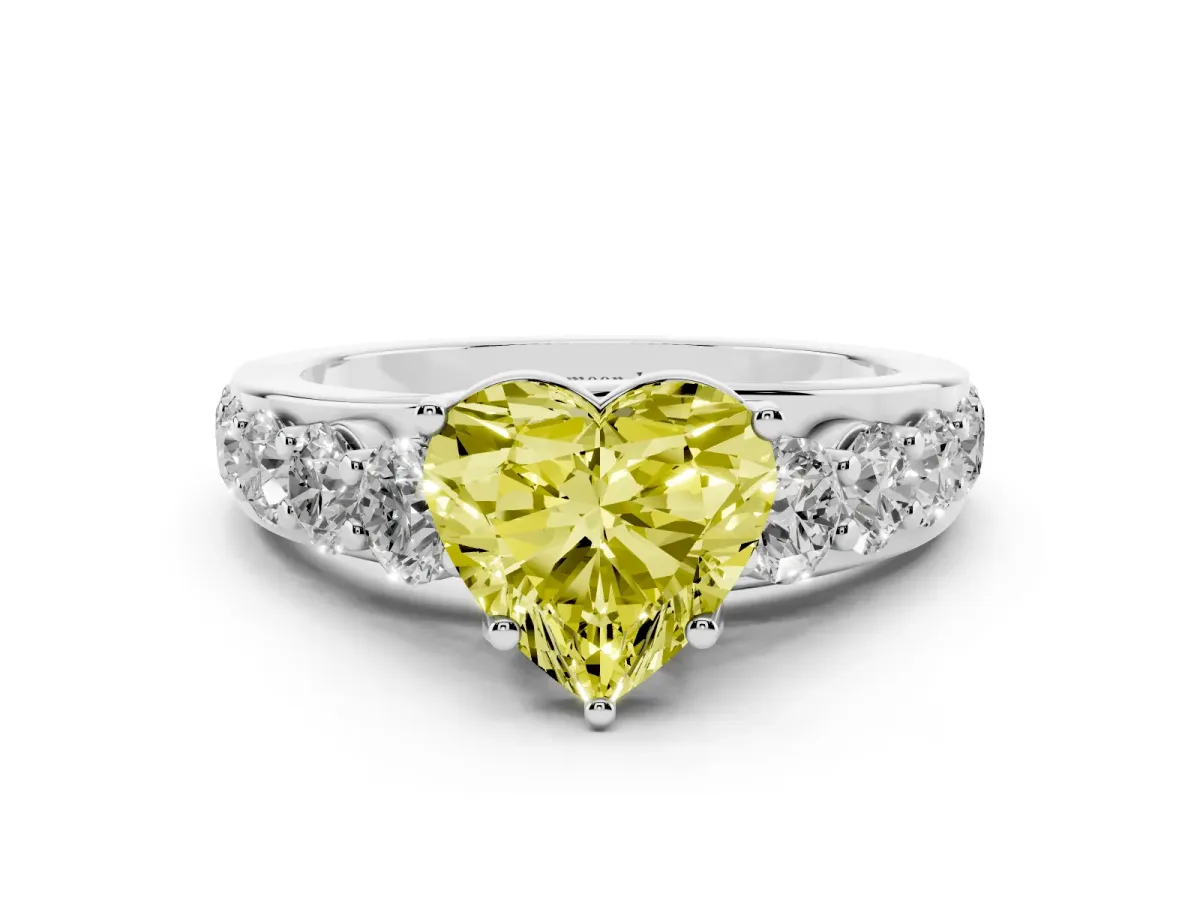 Fancy Yellow Heart Cut Diamond Engagement Ring with Pavé Band and Four-Prong Setting White gold