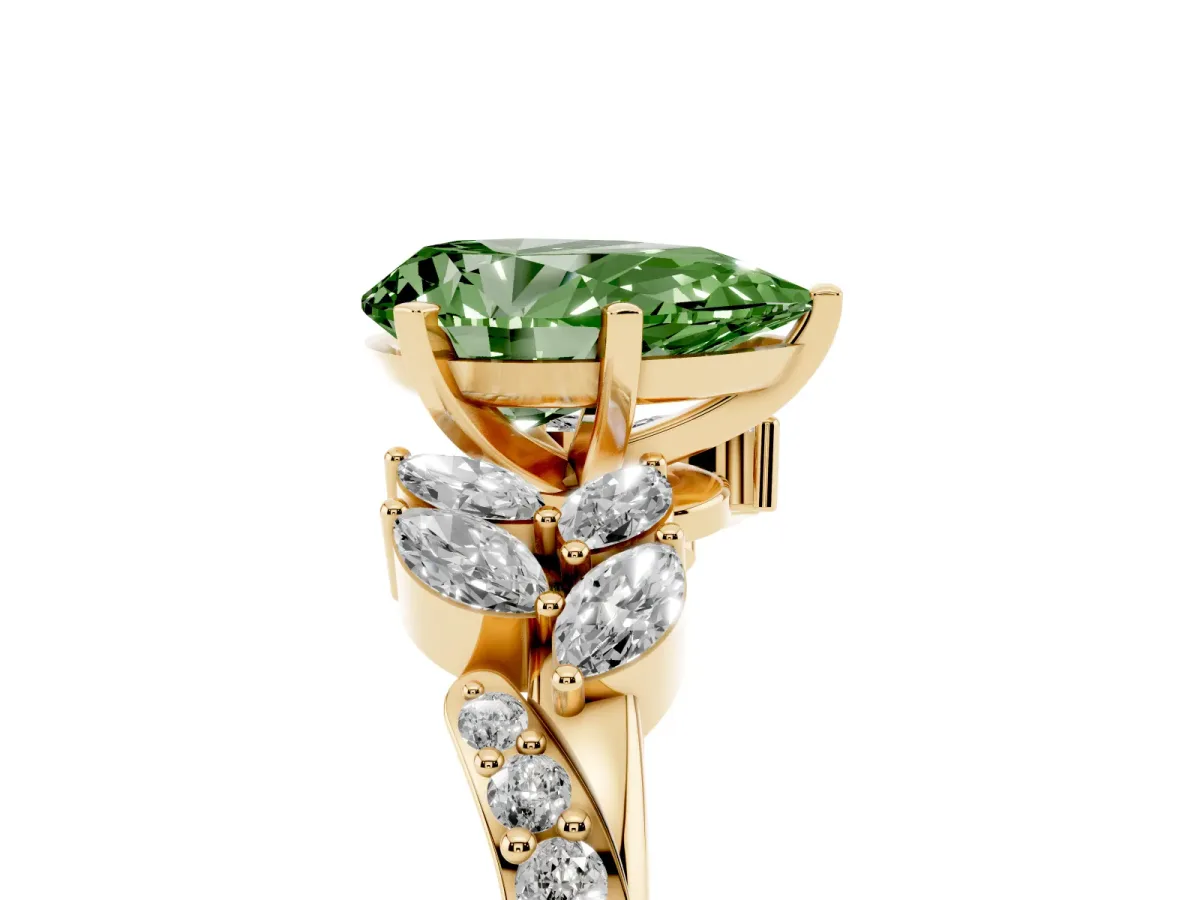 Fancy Green Pear Cut Solitaire Marquise Twist Band with Six-Prong Setting Yellow gold