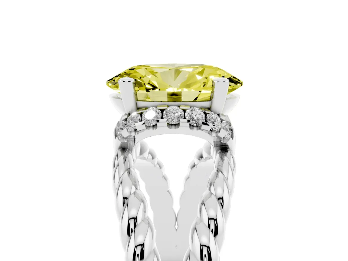 Fancy Yellow Oval Cut Halo Twisted Band Four-Prong Ring Silver