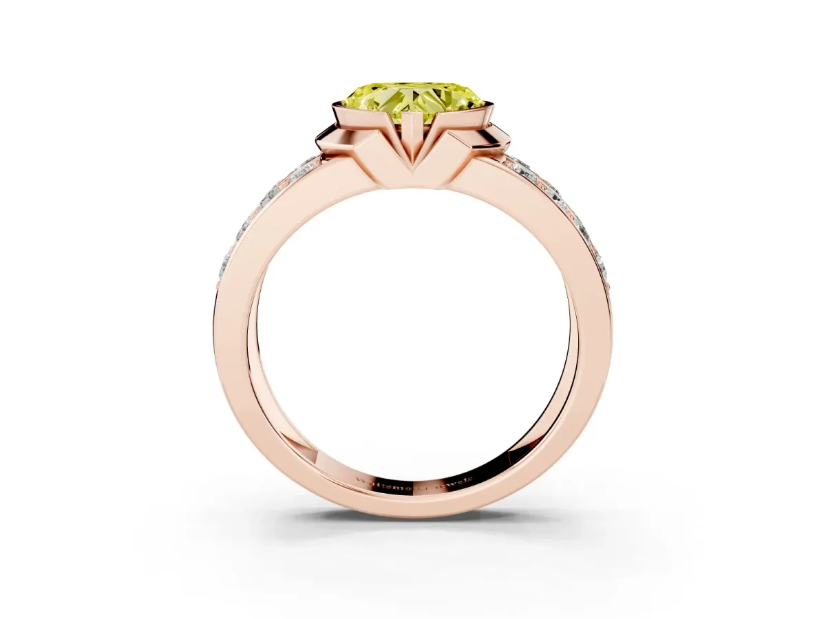 Fancy Yellow Heart Cut Brilliant Diamond Channel Set Wide Band Ring with Bezel Setting Rose gold