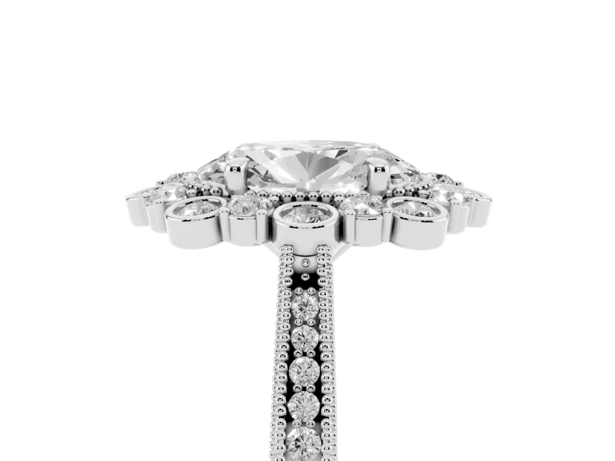 Oval Cut Halo Milgrain Pave Diamond Ring with Four-Prong Setting Silver