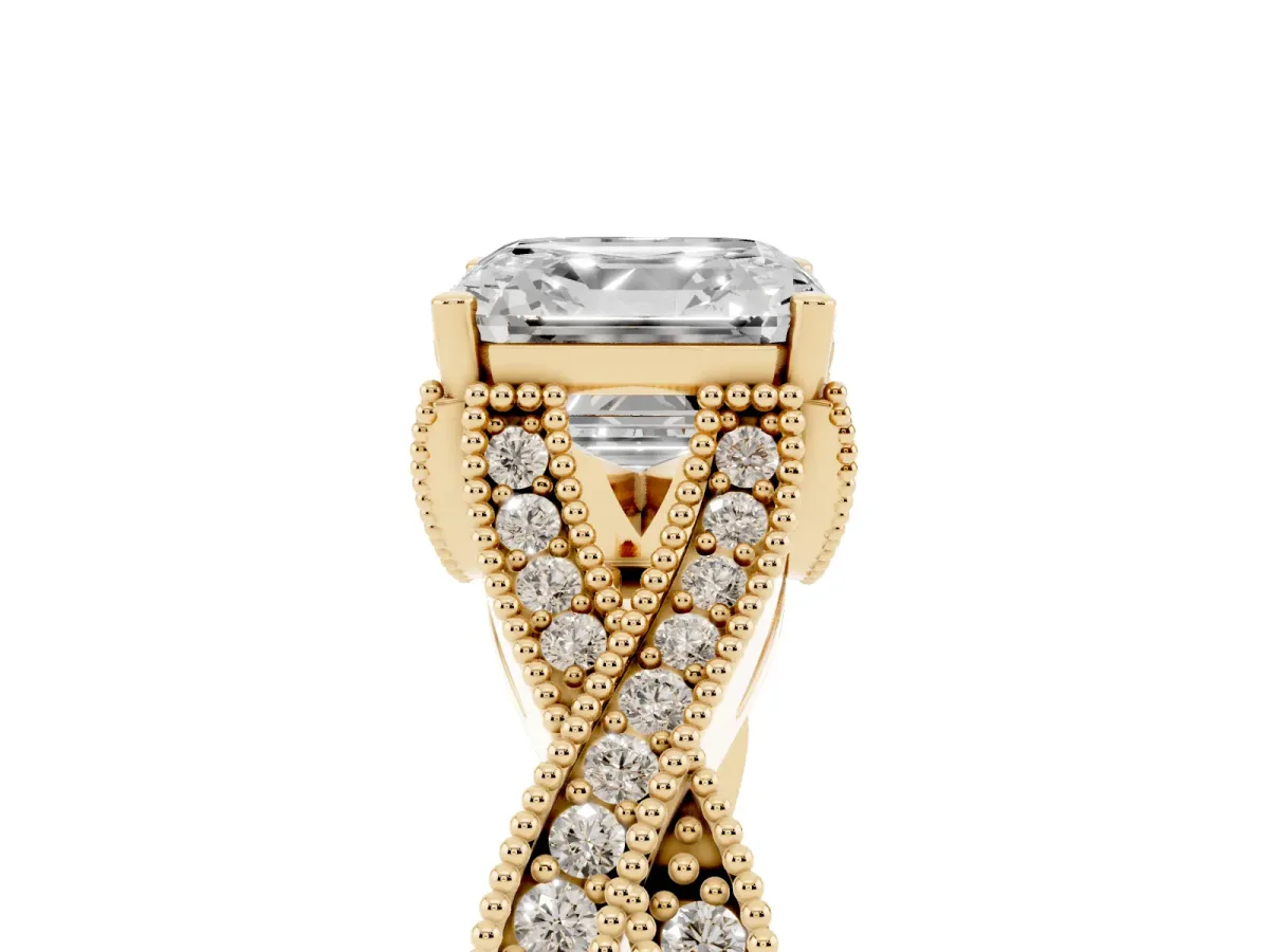Asscher Cut Cut Diamond Twisted Band with Milgrain Pave Setting and Four-Prong Setting Yellow gold
