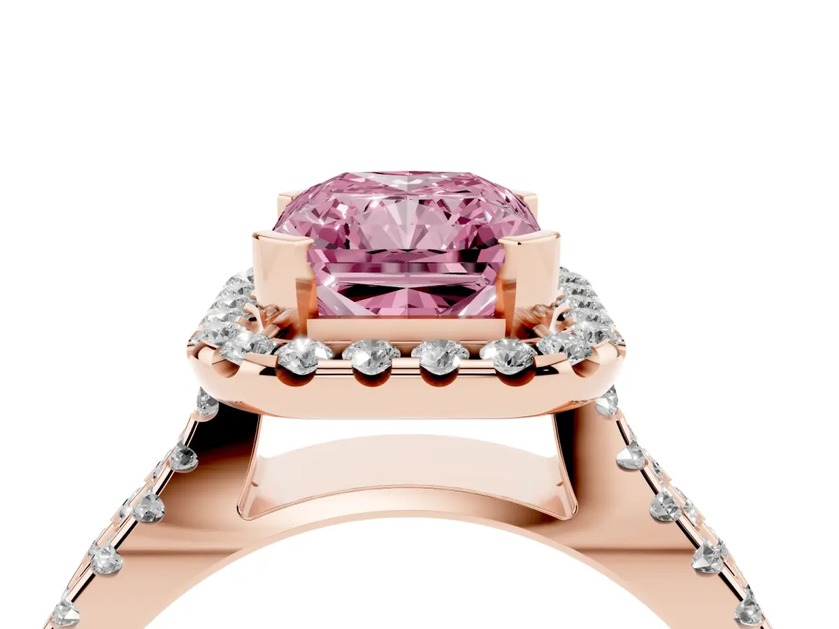 Fancy Pink Radiant Cut Diamond Halo Ring with Split Shank Pavé Band and Prong Setting Rose gold