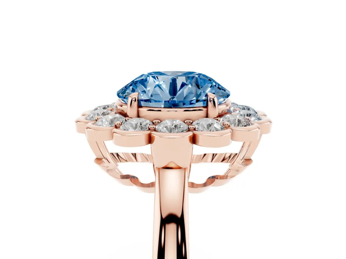 Fancy Blue Round Cut Halo Cluster Diamond Engagement Ring with Solitaire Band and Prong Setting Rose gold