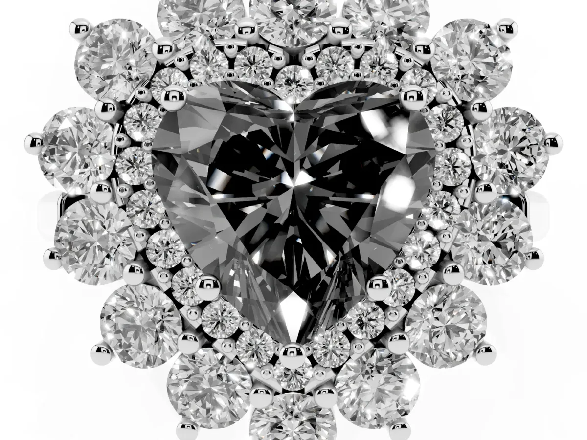 Fancy Black Heart Cut Diamond Floral Double Halo Engagement Ring with Prong Setting Silver