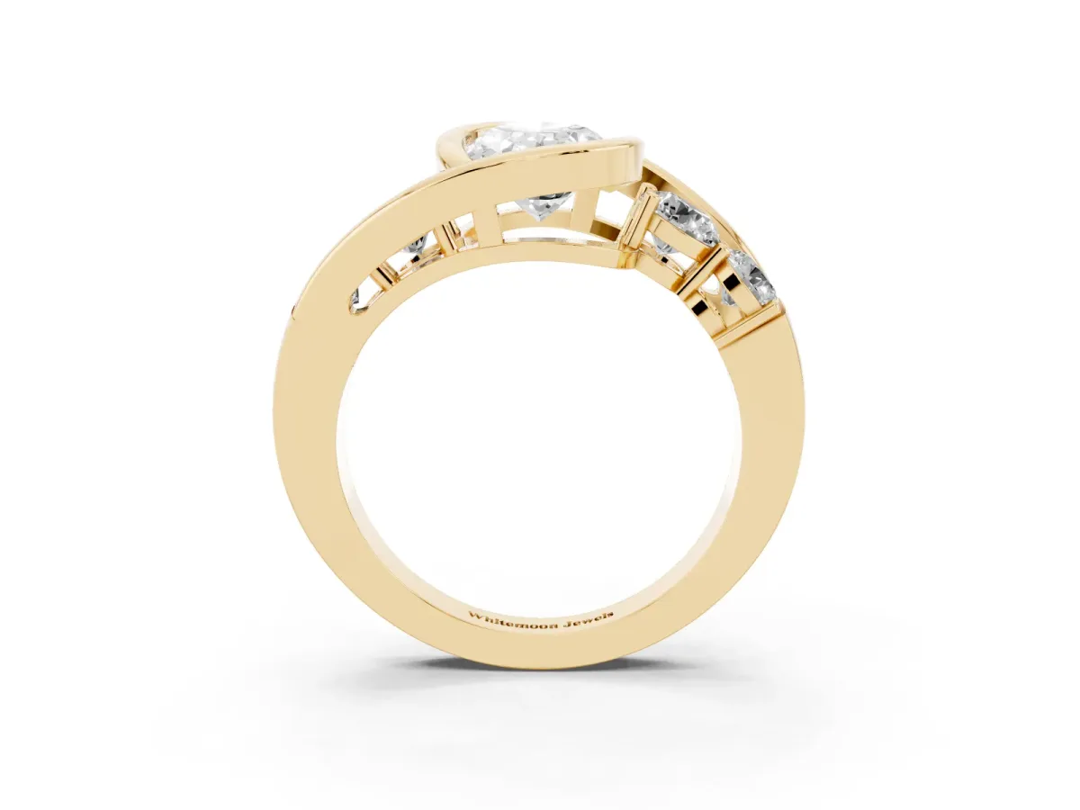 Bezel Set Oval Cut Diamond Bypass Ring with Round Accents Yellow gold