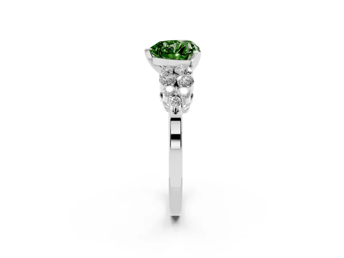 Fancy Green Heart Cut Cluster Diamond Engagement Ring with Pavé Band and Four-Prong Setting Silver