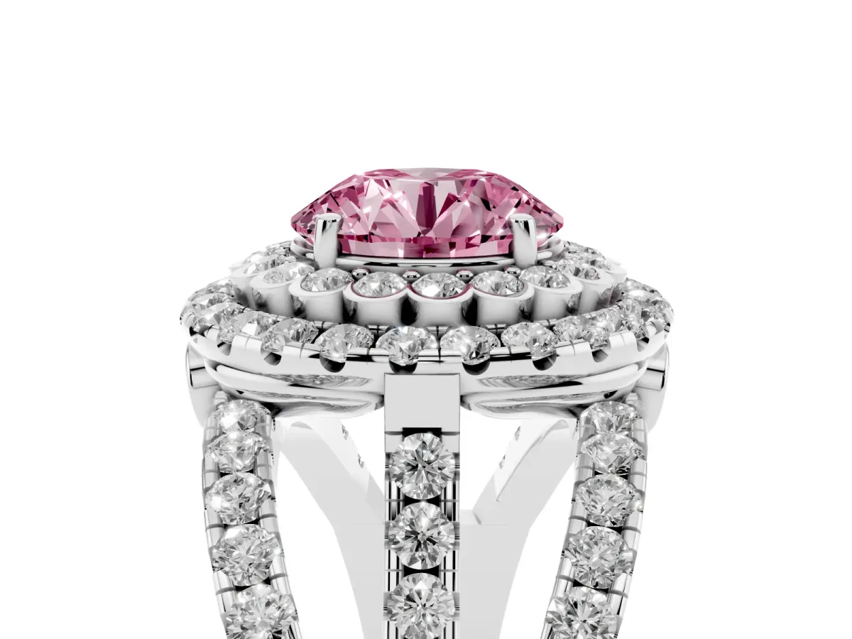 Fancy Pink Round Cut Diamond Double Halo Ring with Round Pavé Split Shank and Prong Setting Silver