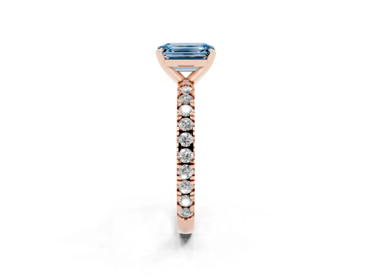 Fancy Blue Emerald Cut Diamond Pavé Band Solitaire with Four-Prong Setting Rose gold