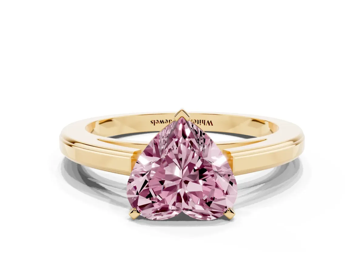Fancy Pink Heart Cut Solitaire Diamond Ring with Four-Prong Setting and Classic Band Yellow gold