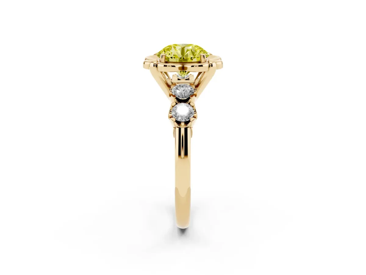 Fancy Yellow Round Cut Cut Diamond Floral Halo Engagement Ring with Shared Prong Setting Yellow gold
