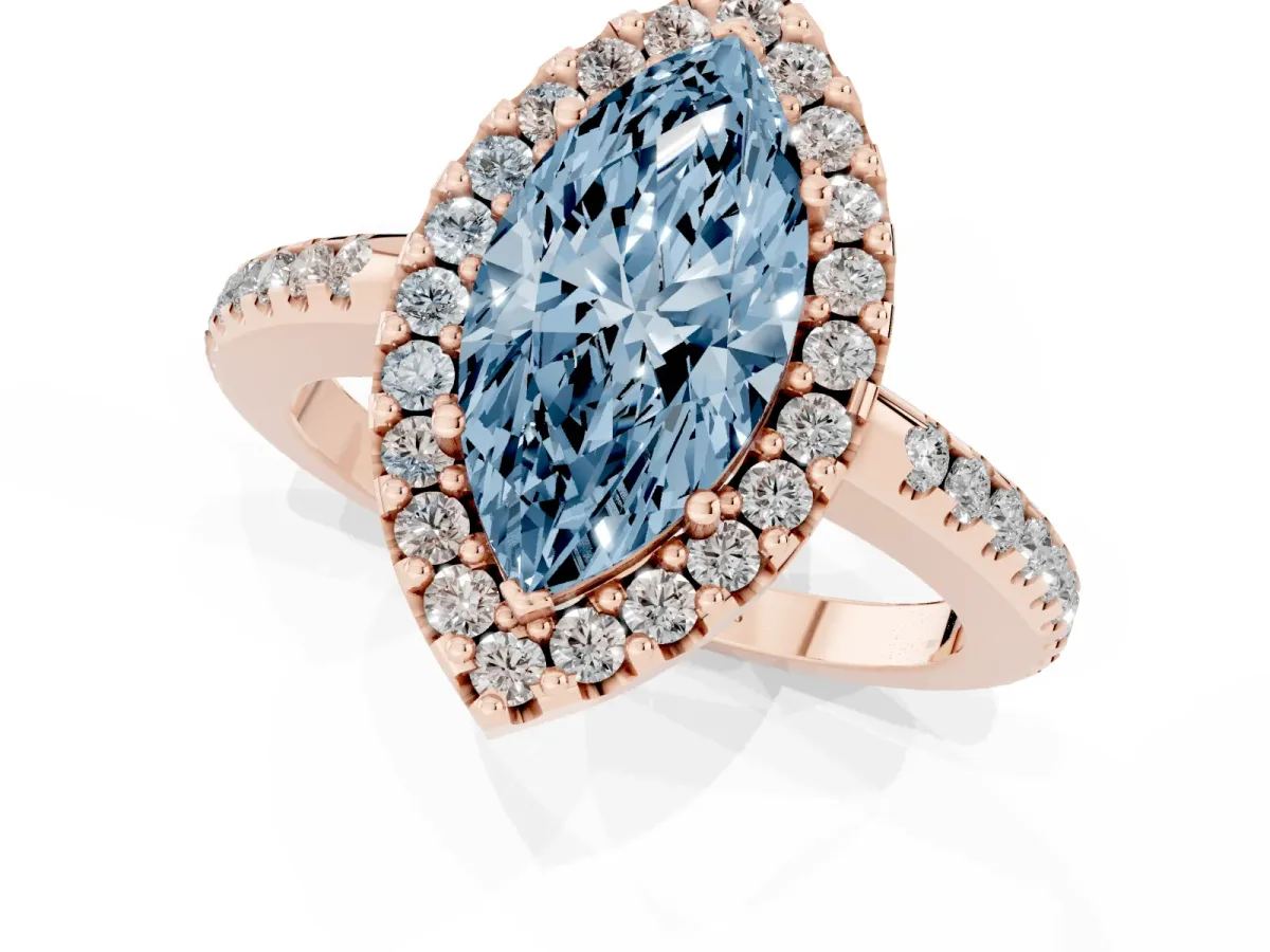 Fancy Blue Marquise Cut Diamond Pavé Halo Ring with Four-Prong Setting Rose gold