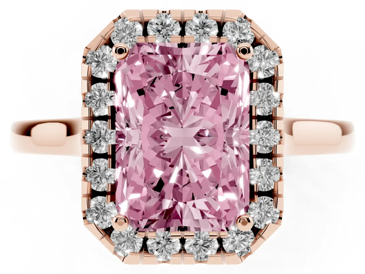 Fancy Pink Radiant Cut Halo Round Diamond Solitaire Ring with Pavé Band and Four-Prong Setting Rose gold