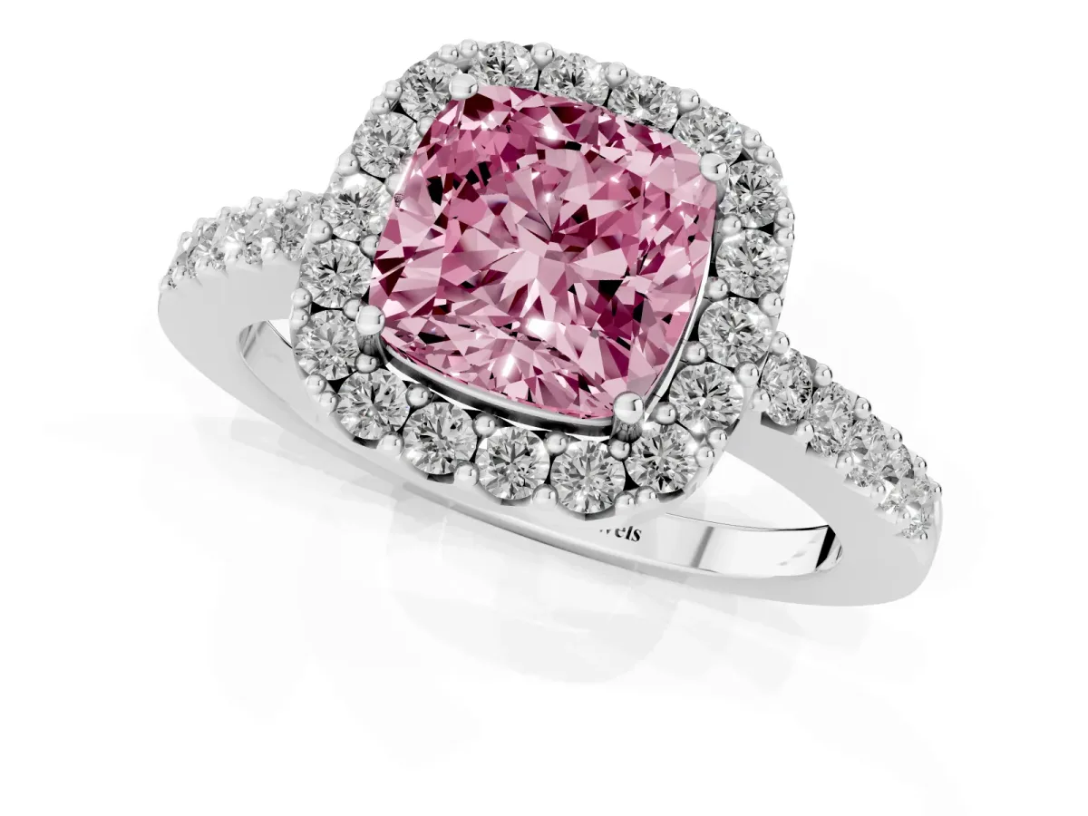Fancy Pink Cushion Cut Halo Diamond Pavé Solitaire Ring Platinum