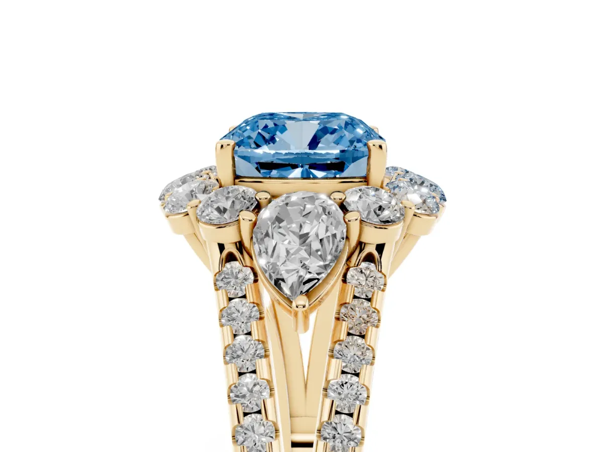Fancy Blue Cushion Cut Halo Split Shank Diamond Engagement Ring with Prong Setting Yellow gold
