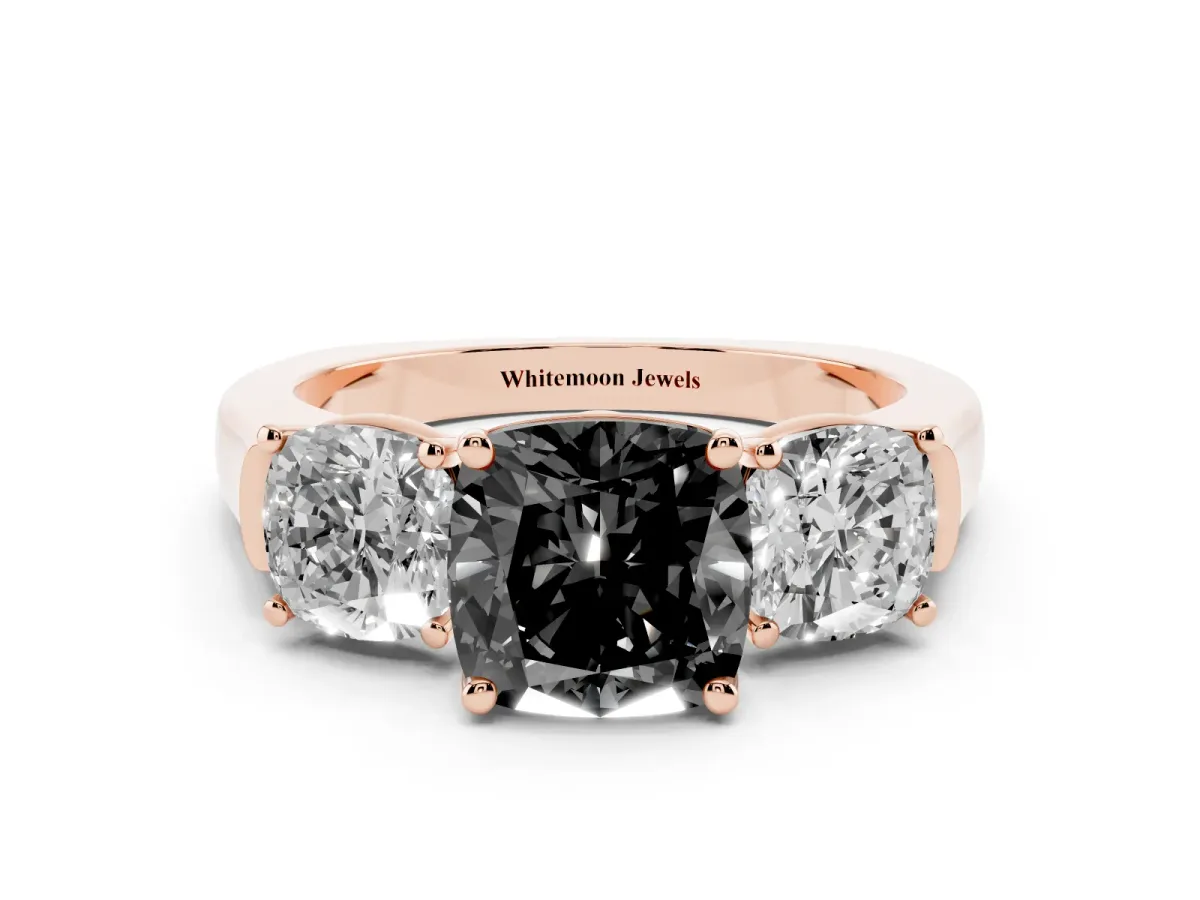 Fancy Black Three-Stone Cushion Cut Brilliant Diamond Trellis Ring with Comfort Fit Band Rose gold