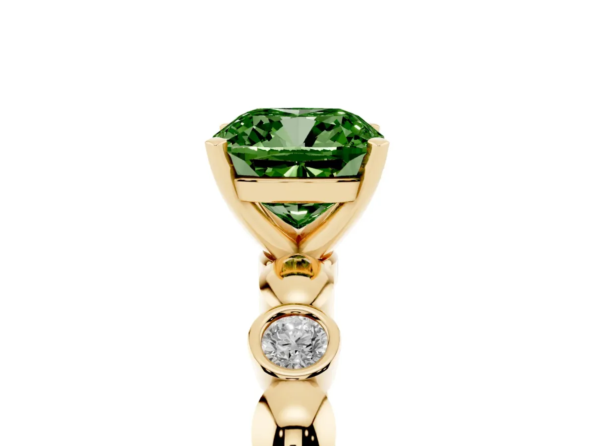 Fancy Green Cushion Cut Solitaire Bezel-Set Diamond Ring with Beaded Band and Four-Prong Setting Yellow gold