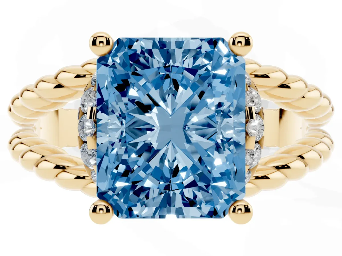 Fancy Blue Radiant Cut Halo Twisted Band Four-Prong Ring Yellow gold