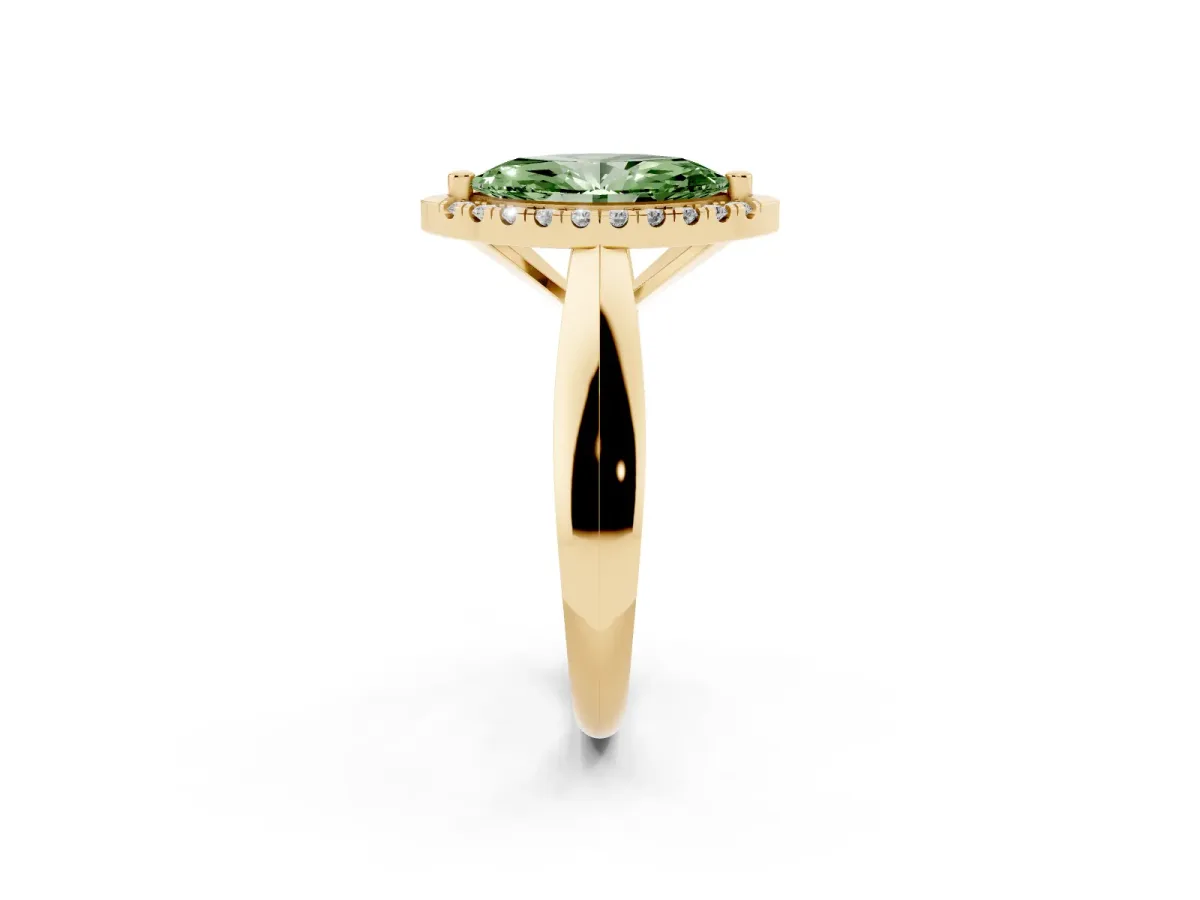 Fancy Green Marquise Cut Cut Halo Solitaire Engagement Ring with Square Band and Four-Prong Setting Yellow gold