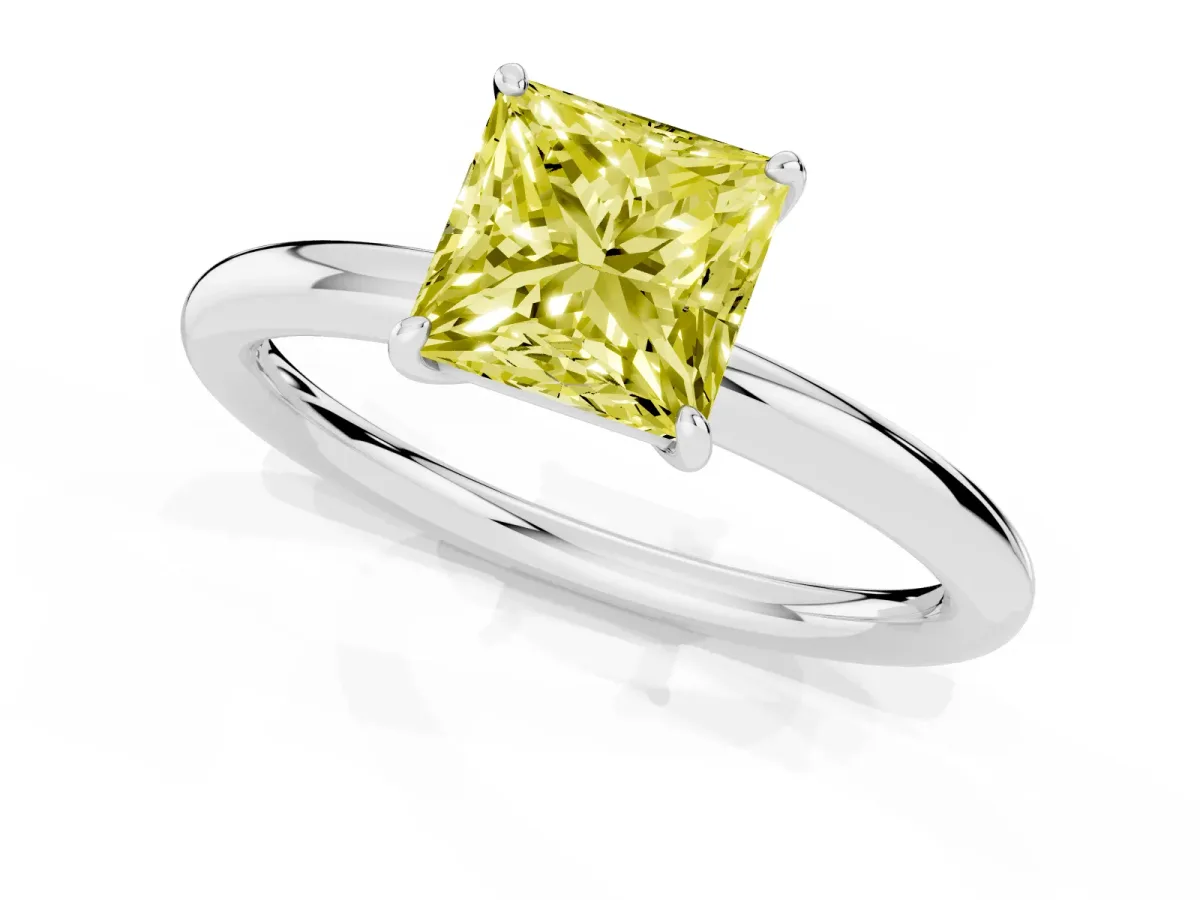 Fancy Yellow Princess Cut Solitaire Diamond Ring with Four-Prong Setting on a Plain Band Silver