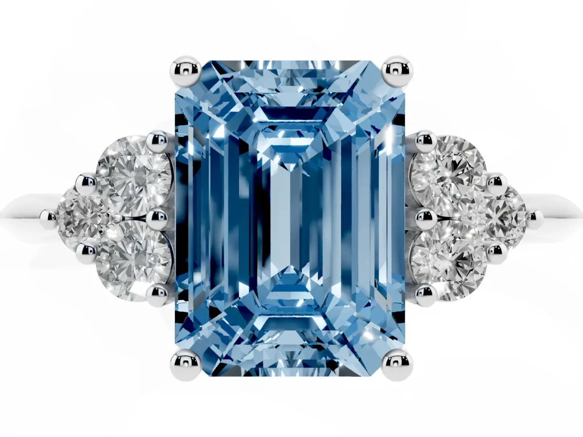 Fancy Blue Emerald Cut Cut Diamond Cluster Ring with Solitaire Band and Four-Prong Setting Platinum