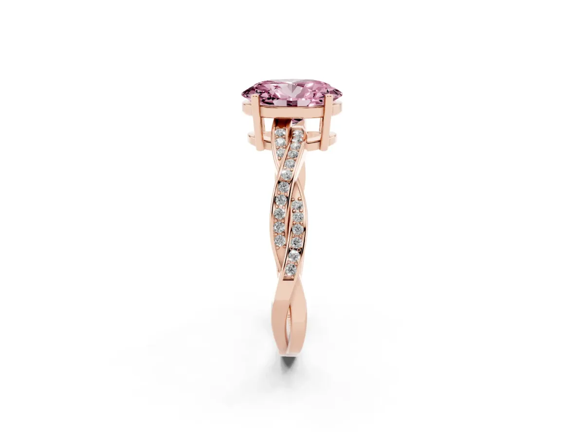 Fancy Pink Oval Cut Solitaire Twisted Pave Diamond Ring with Four-Prong Setting Rose gold